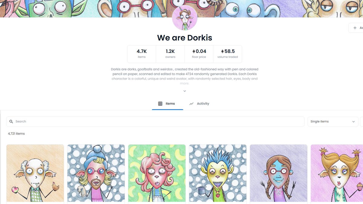 <a href="/WeAreDorkis/">Dorkis</a>  team working so hard I'm so proud of you guys!!! Incredible to see our floor all the way back up to 0.04 and almost 60 eth trade volume! 😍🙏 Thanks everyone who's continued to adventure with us!  xoxox