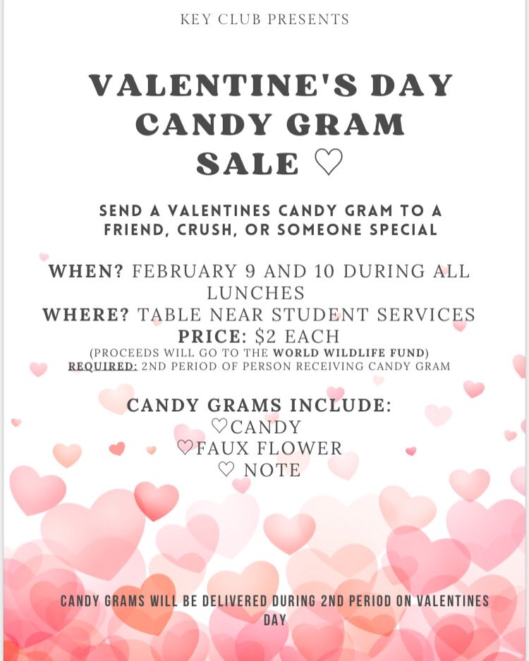 KHSKEYC's tweet photo. Key Club presents our Valentine’s Day Candy Gram sale active on February 9 &amp; 10. Purchase a candy gram during your lunch for $2 per gram. 
Profit will go to the World Wildlife Fund. Get a Candy Gram while you can!

@KnightdaleHS @KHSCDPrincipal https://t.co/b8d3vb3dlu