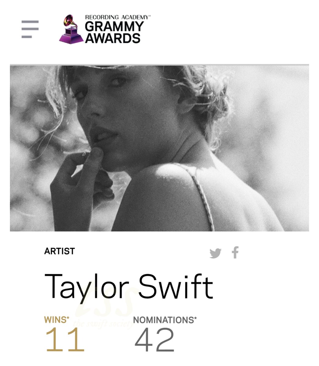 TheSwiftSociety's tweet photo. ‼️| @TaylorSwift13's nominations have been updated on #GRAMMYs website. https://t.co/7K6sp35pZ7
