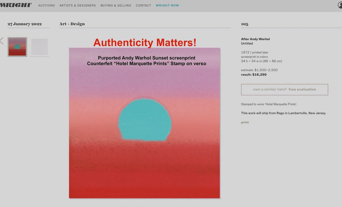 JKLFA's tweet photo. Authenticity Matters!

Why did 2 purported #AndyWarhol Sunset screenprints "printed after 1972" achieve $15,000 &amp; $16,250 @wright20 1/27/2022 despite having counterfeit "Hotel Marquette Prints" stamps on each verso? https://t.co/lkZNz7fxaY