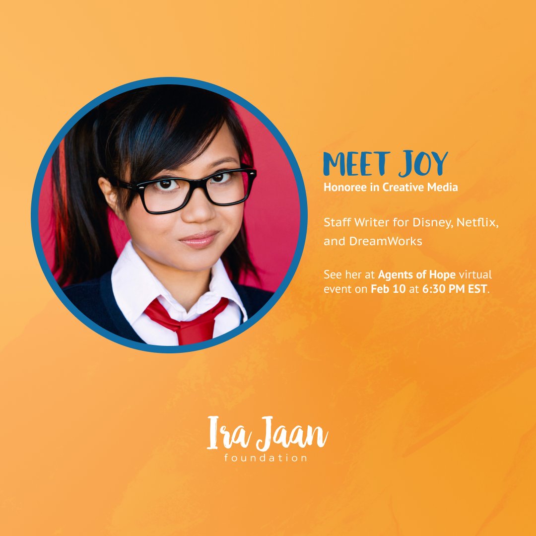 Meet #AgentofHope, honoree, and panelist Joy Regullano (@joyregullano)! She’s a #writer, #actress, and #comedian from LA who is currently working on a @disneyplus show. She’s written for @PBSKIDS’s #JellyBenandPogo, @Dreamworks and @netflix! 

#AgentsofHopeEvent #irajaan #virtual