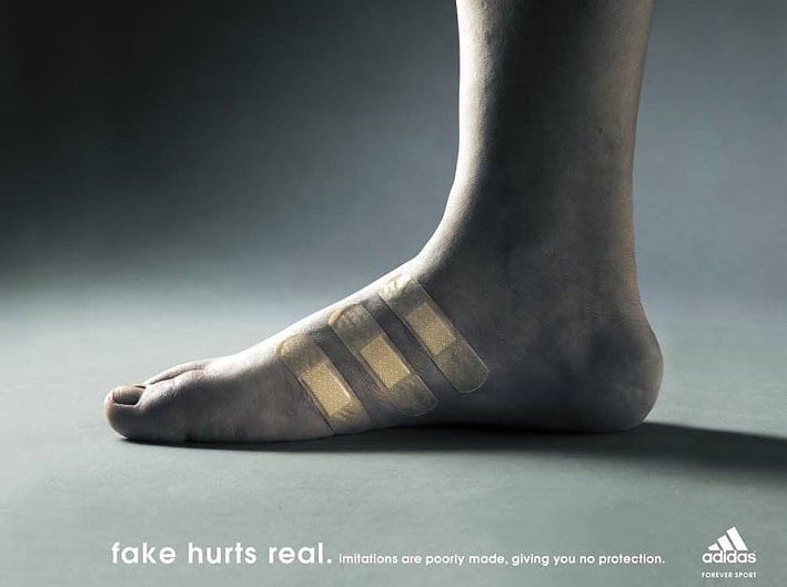 MadOMarketing's tweet photo. Adidas' take on fake and imitation products - the message being that the products might be fake, but the pain they give is real. https://t.co/kEj3KsZGGv