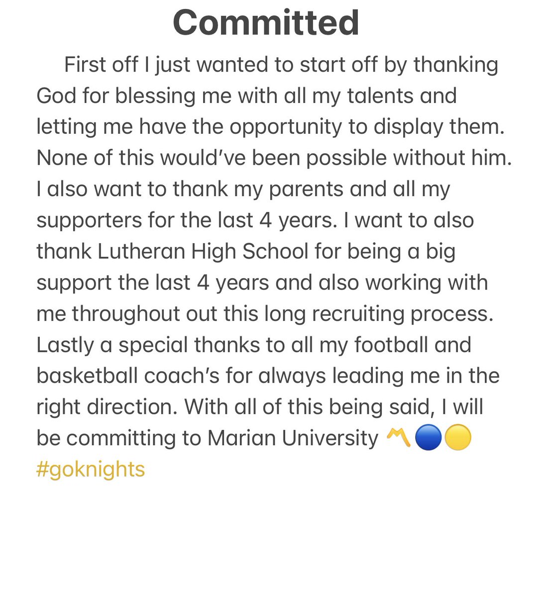MontasiC's tweet photo. I am extremely blessed and excited to announce that I have decided to continue my academic and athletic career at Marian University. Let’s work!〽️🟡🔵 @MUKnights @MarianUFootball @LutheranSaints @Indy_LutheranFB https://t.co/P4IwCNI47e