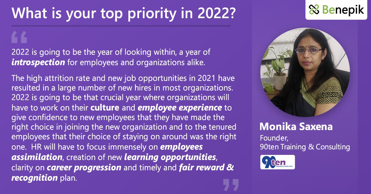 BenepikPlus's tweet photo. The COVID-19 pandemic accelerated digitalization and led to new trends &amp; priorities for Business Leaders.

Here’s what Monika Saxena - Founder, 90ten Training &amp; Consulting, has as her Top Priority for 2022.

#benepik #2022priorities #engagement #employeeengagement https://t.co/9Wauf7kCzk