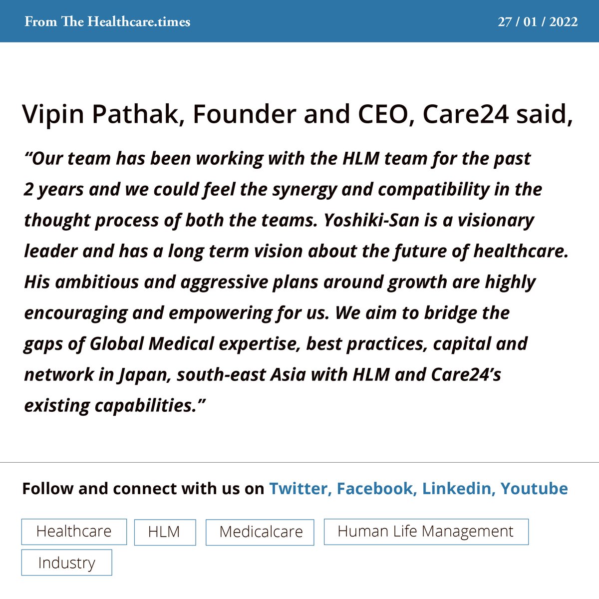 HLM and Care24 will closely work together to scale and strengthen medical service offerings in India and additionally expand to other southeast countries.
To Know More 
care24.io/ojgx0of
care24.io/dr1NXE8
#care24 #collaboration #collaborationindia #brandcollaboration