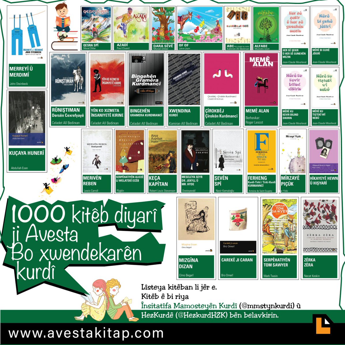 1000 kitêb diyarî ji Avesta
Bo xwendekarên kurdî…
Lîsteya kitêban li jêr e. Wekî din emê di bin vê tweetê de navê kesên ku kitêb kirîne û diyariyî xwendekaran kirine, binivîsin.
Kitêb ê bi riya Însitatîfa Mamosteyên Kurdî (<a href="/mmstynkurdi/">Însîyatîfa Mamosteyên Kurdî</a>) û HezKurdê (@HezkurdHZK) bên belavkirin.