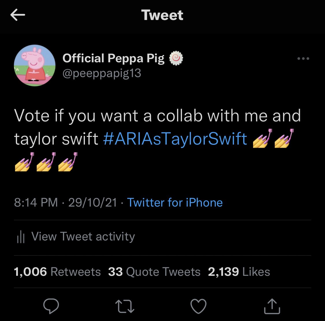 peeppapig13's tweet photo. @nickianaswoo ok???? i’ve been doing it since the ARIAS season. check the date😘

I’m voting for #AllTooWell      for #BestLyrics at the #iHeartAwards https://t.co/cjqp31m19K