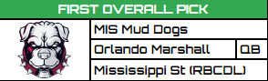 RFNorthAmerica's tweet image. With the 1st pick in the S18 Supplemental RFNA Draft, the Mississippi MudDogs &amp;amp; @MudDogsoftheSip select Orlando Marshall, QB of Mississippi State, @MSURetroDawgs