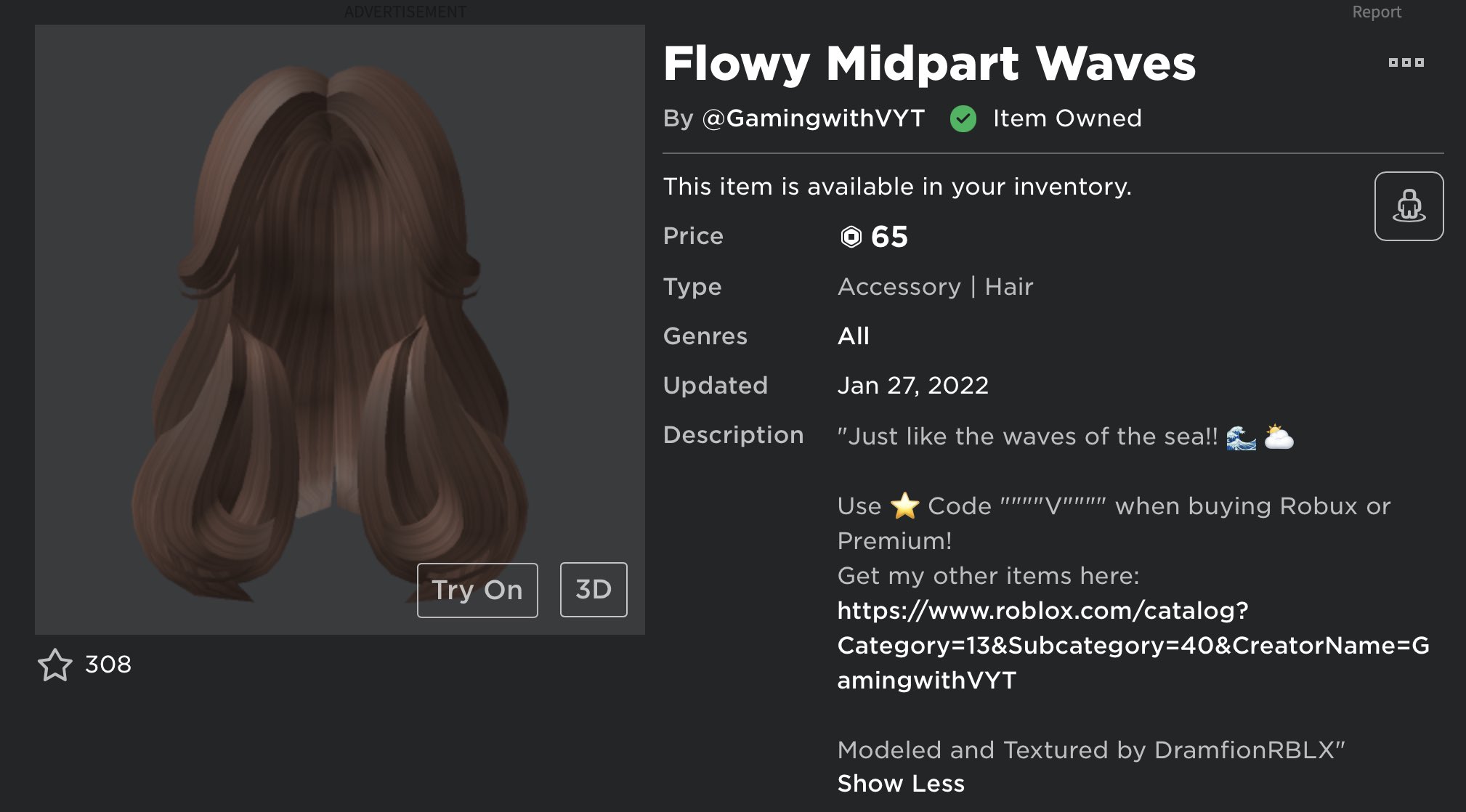 V  ⭐️CODE: V on X: New Hair!! 💗 Flowy Midpart Waves:   Modeled & Textured by @DramfionRBX #roblox  #robloxhair #robloxugc  / X