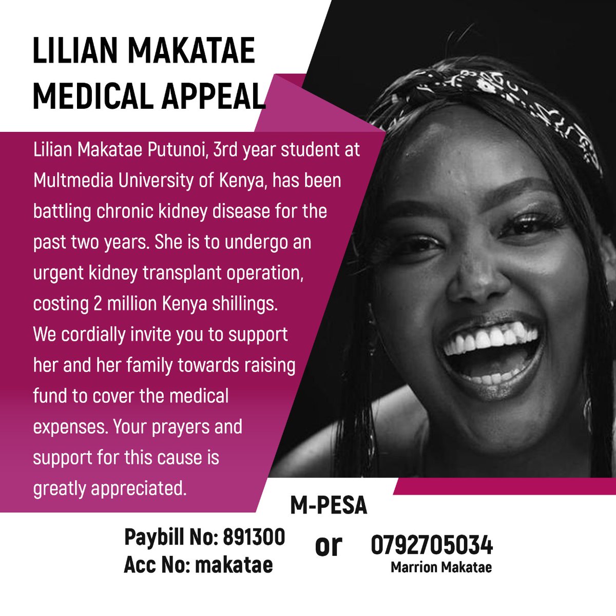 We are engaging online for 2 Million financial aid of our friend #ForMakatae who has been sick for a while and it’s gotten to a point where she needs a kidney transplant through surgery.
Please donate &amp; share #ForMakatae!