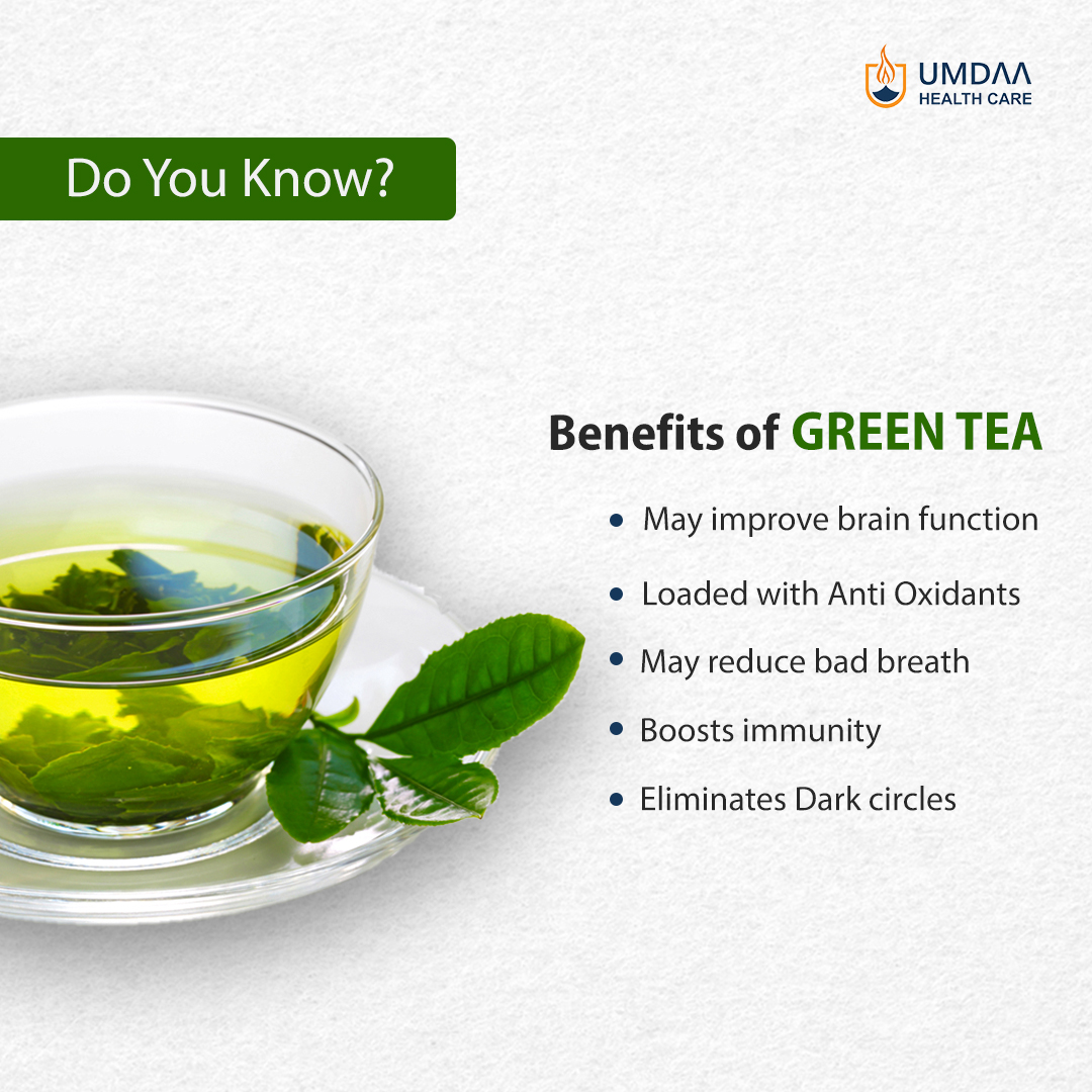 umdaahealthcare's tweet image. Benefits of Green Tea
- May Improve brain function
- Loaded with antioxidants
- May reduce bad breath
- Boosts Immunity
- Eliminates Dark circles
#GreenTea #BenefitsOfGreenTea #ImmunityBooster #DarkCircles #Healthcare #HealthyTips #UMDAAHealthcare  
umdaa.co