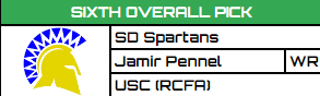 With the 6th pick in the S18 Supplemental RFNA Draft, the South Dakota Spartans &amp; <a href="/Parsecer2/">Parsecer</a> select Jamir Pennel, WR of USC, <a href="/retro_trojans/">Retro USC Trojans/Drake Bulldogs</a>