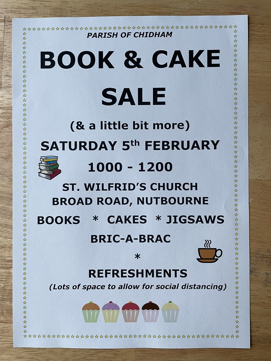 A week to go to our big Book &amp; Cake sale. Loads of books &amp; jigsaws on offer, delicious cakes, bric a brac to browse and a few other things too. 

Every penny goes to the maintenance of our ancient parish church @LocalVillageMag <a href="/ChidhamPrimary/">Chidham Primary</a>  <a href="/chichestermedia/">Chichester News</a> <a href="/BoshamPrimary/">Bosham Primary School</a>