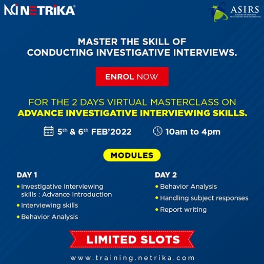 Netrika_PvtLtd's tweet photo. Enrol now for the 2 days masterclass on Advance Investigative Interviewing Skills.
5th &amp; 6th Feb'2022 | 10am to 4pm

Register now 
https://t.co/SOJg22nun1

#netrikatrainings #interviewingmasterclass #investigativeinterviewing #asirs #interviewingskills #masterclass https://t.co/KaV8xAPyDV