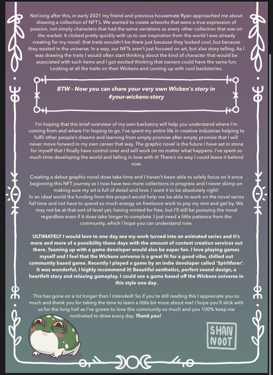 For those of you who missed it, here’s a blog from our artist <a href="/shannoot_art/">Shannoot</a> about the past, present and future of Wickens. We welcome you all to follow her along her journey to make the Wicken’s Universe something truly special. 

#WomeninNFTs #womennft #nftcollectors