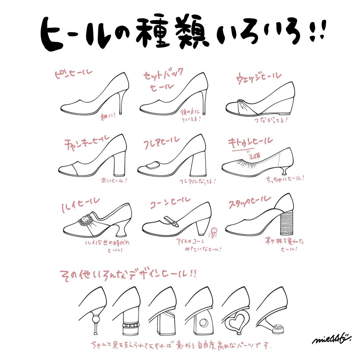 ヒールの種類いろいろ 靴の描き方tips みえ 靴 イラストの漫画