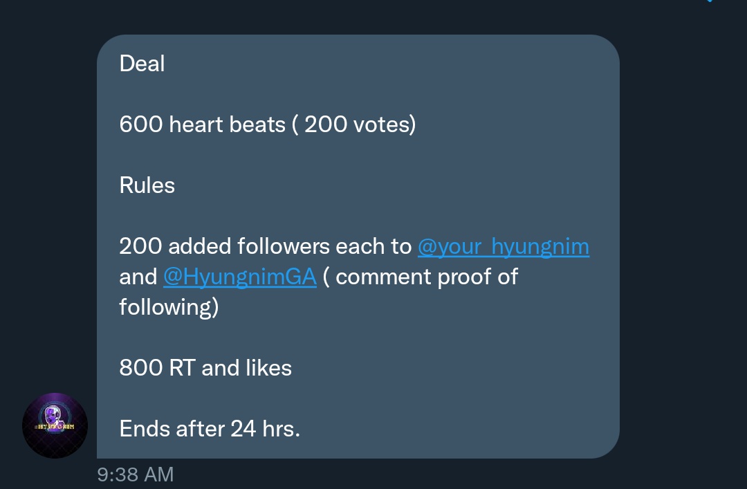 F3exol's tweet photo. 📍Vote for #EXO on mubeat

600 heart beats ( 200 votes) 

Rules:

200 added followers each to @your_hyungnim and @HyungnimGA ( comment proof of following) 

800 RT and likes

Ends after 24 hrs. https://t.co/v9vPFqCKX5