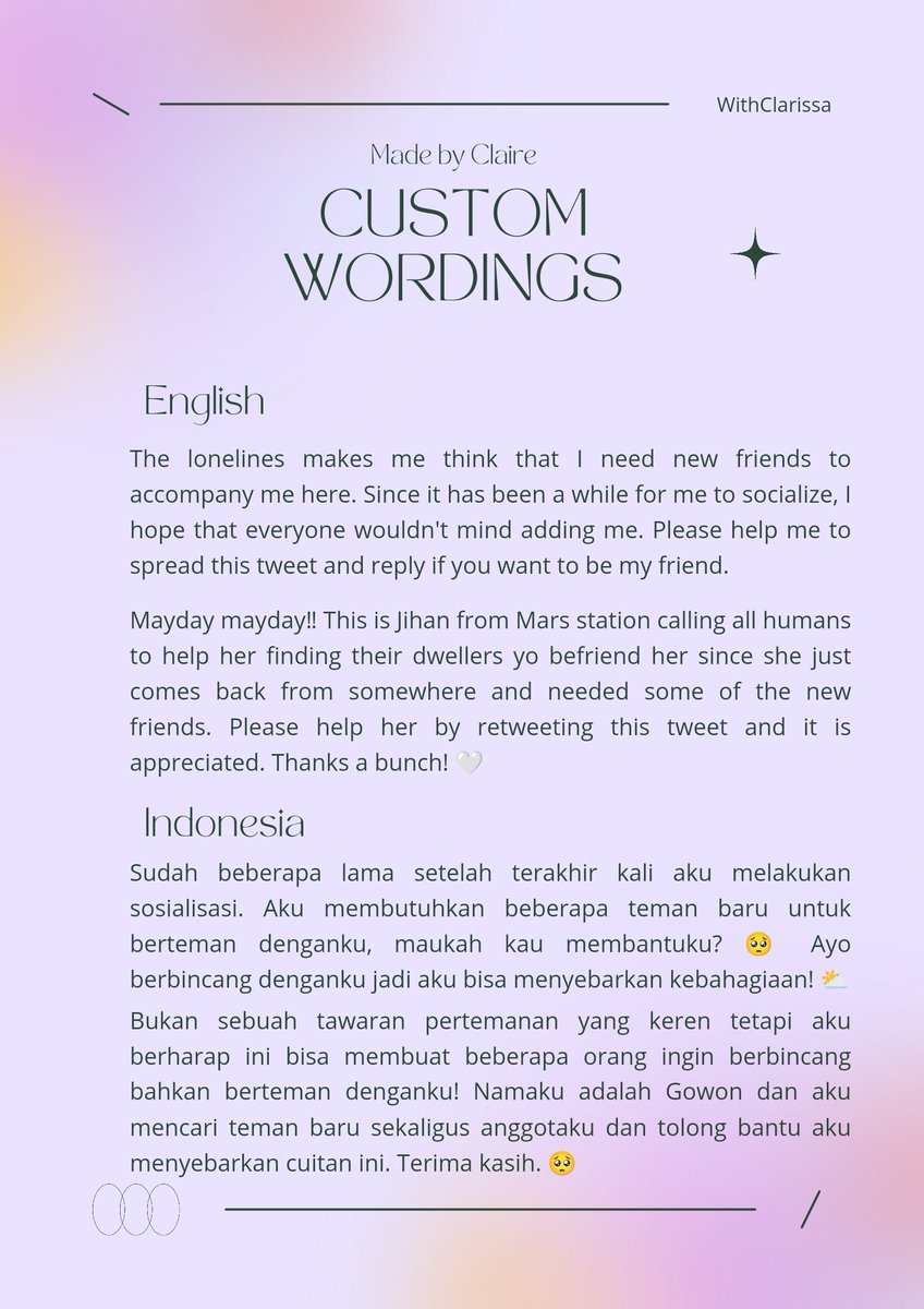Hai! Kamu lagi cari wording commission? Disini tempatnya! Silahkan cek pinned kami untuk lebih lengkapnya yaaa!

Testi Claire: padlet.com/WithClarissa/C…

#zonauang #zonaba #zonajajan