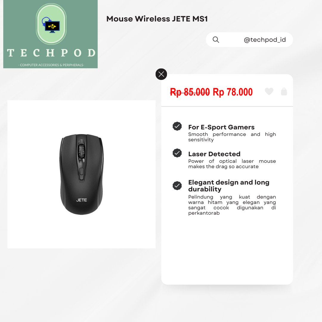 TechPod_id's tweet image. Mouse wireless JETE MS1 sangat mudah dioperasikan di semua berbagai platform. Baik itu pada laptop maupun PC dengan sistem plug and play. Pengguna hanya perlu menancapkan mini reciver ke platform USB yang akan digunakan tanpa harus ribet dan memakan waktu yang lama.