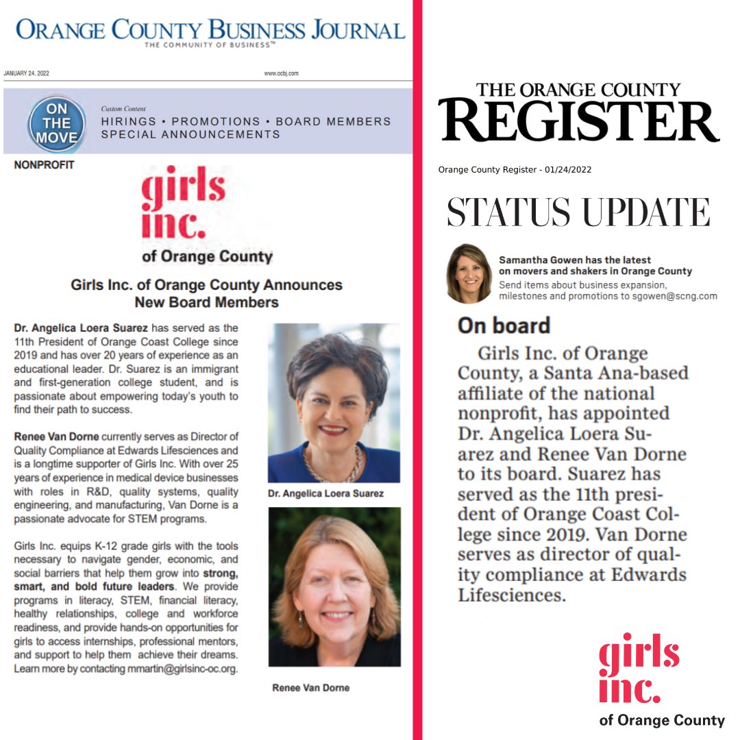 Girls Inc. of Orange County is making headlines! Check out the Orange County Business Journal and the OC Register's features of our incoming Board Members Renee Van Dorne and Dr. Angelica Loera Suarez. #GirlsIncOC #StrongSmartBold #OCRegister #OCBJ