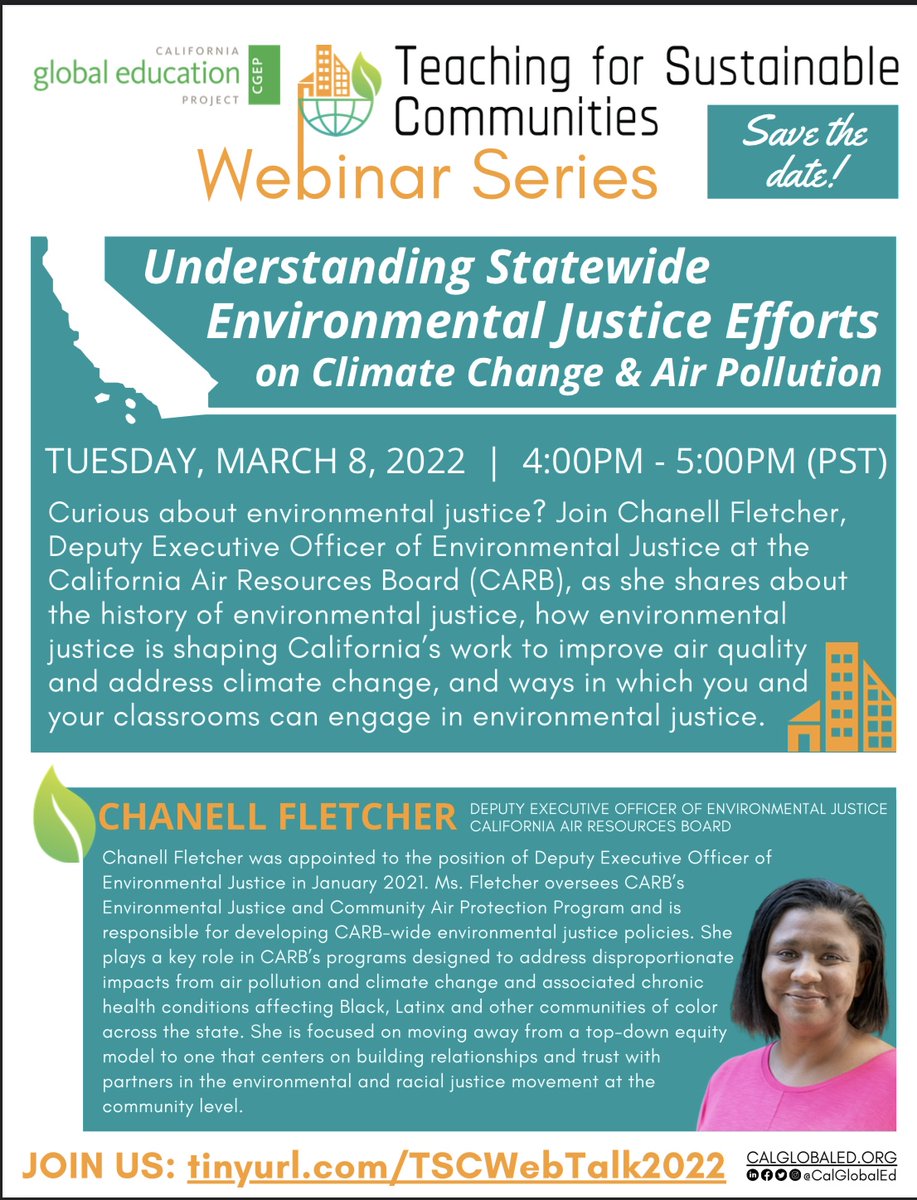 EVENT: March 8, from 4-5 pm on Zoom, join us as we hear from the Deputy Executive Officer of Environmental Justice for the California Air Resources Board, Chanell Fletcher, share the state's plan to ensure that all Californians have access to cleaner, more equitable living spaces