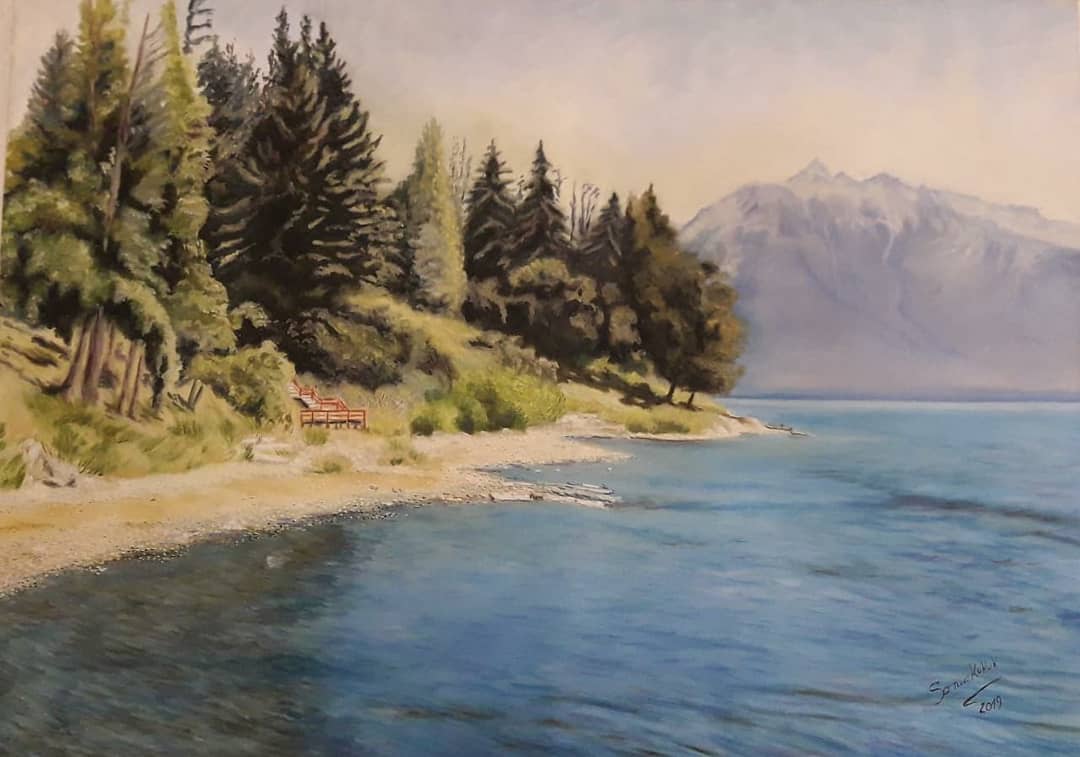 soniakuk76's tweet photo. Me encanta Pintar Paisajes. Cuadro que hice hace algunos años. "Lago  Traful" Neuquen

#pintarpaisajes https://t.co/jGvsfTWWbA