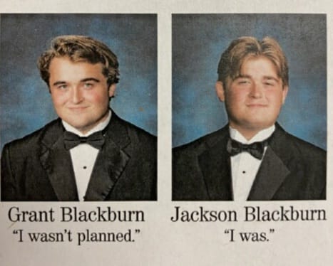 RushmanGrant's tweet photo. My brother and I are next to each other in our Senior yearbook. My best friend. #twinhumor #yearbook https://t.co/AJxDo9qgmr