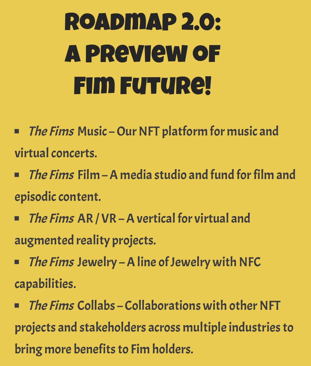 the_fims's tweet photo. Remember this roadmap because we are moving 🚀🚀🚀

It’s about to be a fantastic year‼️

1260 Fims sold‼️

MINTING IS OPEN ⬇️
https://t.co/lJTNtNRdMU

WEBSITE ⬇️
https://t.co/dzydzDN19h

Discord⬇️
https://t.co/URVjwcDhSD

#NFTCommunity #NFTs #nftcollector #NFTCollection #bayc https://t.co/PNpI0qLgIQ