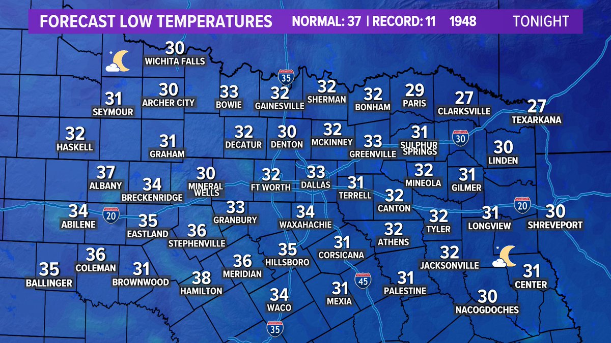 wfaaweather's tweet photo. Another freeze tonight for many in North Texas. Just remember this map when it's 100° this summer. #wfaaweather https://t.co/cv5MCViXai