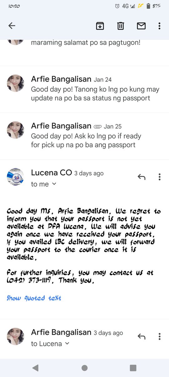 LeeBoNah2's tweet photo. @dododulay 
Please sir, ito na po ung pinakahihintay ko, pero bakit parang lalong pinapatagal😭saan ko po ba talaga pwd pick upin. Ito po ang e mail ng lucena sa akin👇
Baka need po uli ng attention mo sir.kasi that time na nag email aq sa inyo saka sila nag email sa akin. https://t.co/xpV6YHmrHG