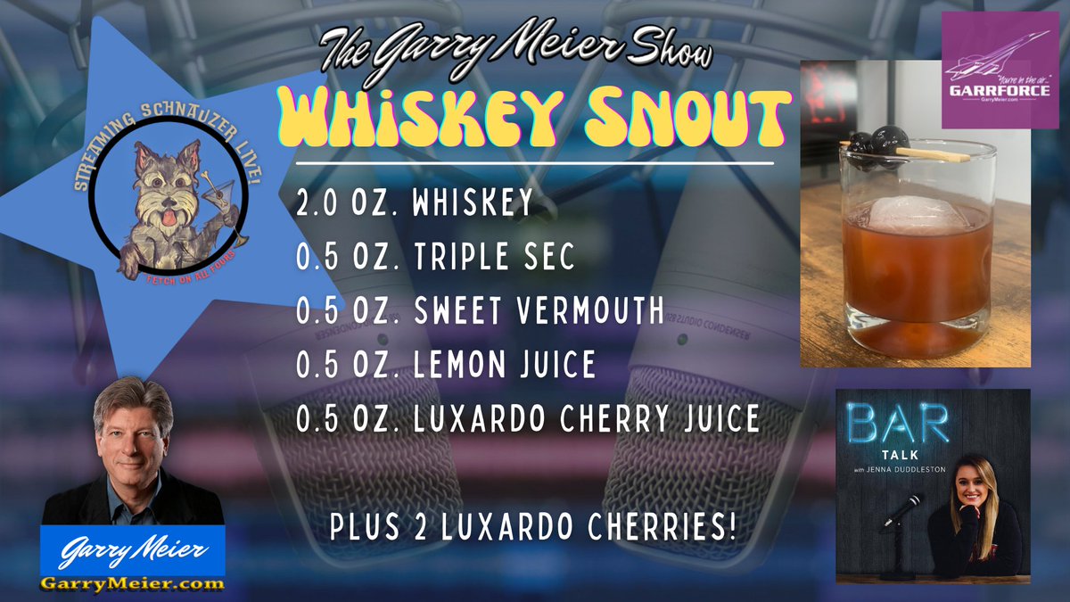 These are the ingredients of the "Whiskey Snout" introduced by <a href="/jennaduddleston/">Jenna Duddleston</a> on the 1/28/2022 GarrForce Cocktail Hour LIVE! Watch her prep it here: youtu.be/CY81Q2noNEE?t=…