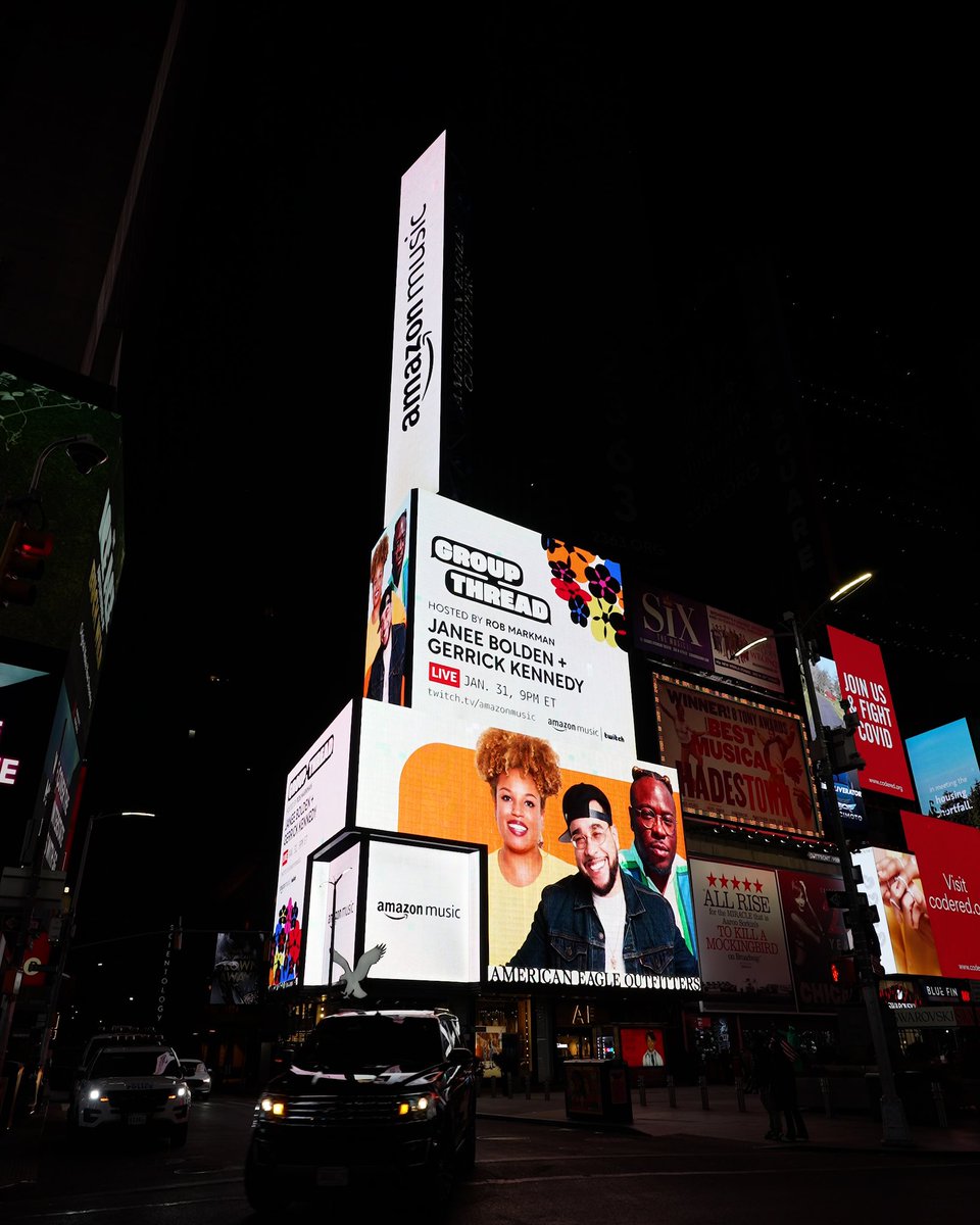 JaneeTMB's tweet photo. Blessed to kick off 2022 on a Billboard in Times Sq with 2 of my fave music journalists @RobMarkman and @GerrickKennedy! Tune in for our @amazonmusic #GroupThread talk on the Grammys and Hip-Hop Monday 1/31 at 9PM EST on the @amazonmusic @twitch channel. https://t.co/4kbbxsM0cS https://t.co/NNtYokT9i1