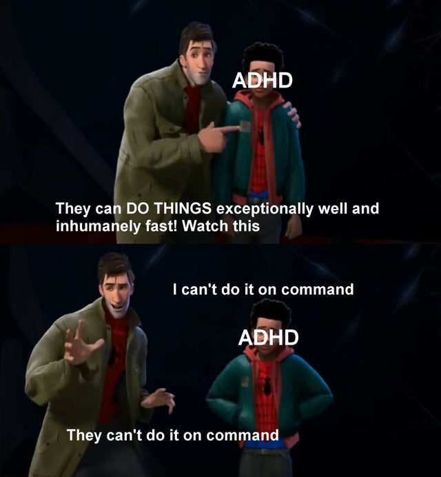 RT @NomeDaBarbarian: Don't mind me just hyperfocusing on ADHD memes of Spider-Man. https://t.co/tiKzpYbvEh
