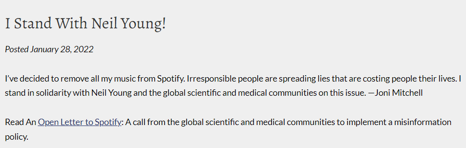 BREAKING: Joni Mitchell says she's joining Neil Young in removing her music from Spotify.

From her website: jonimitchell.com/news/newsitem.…