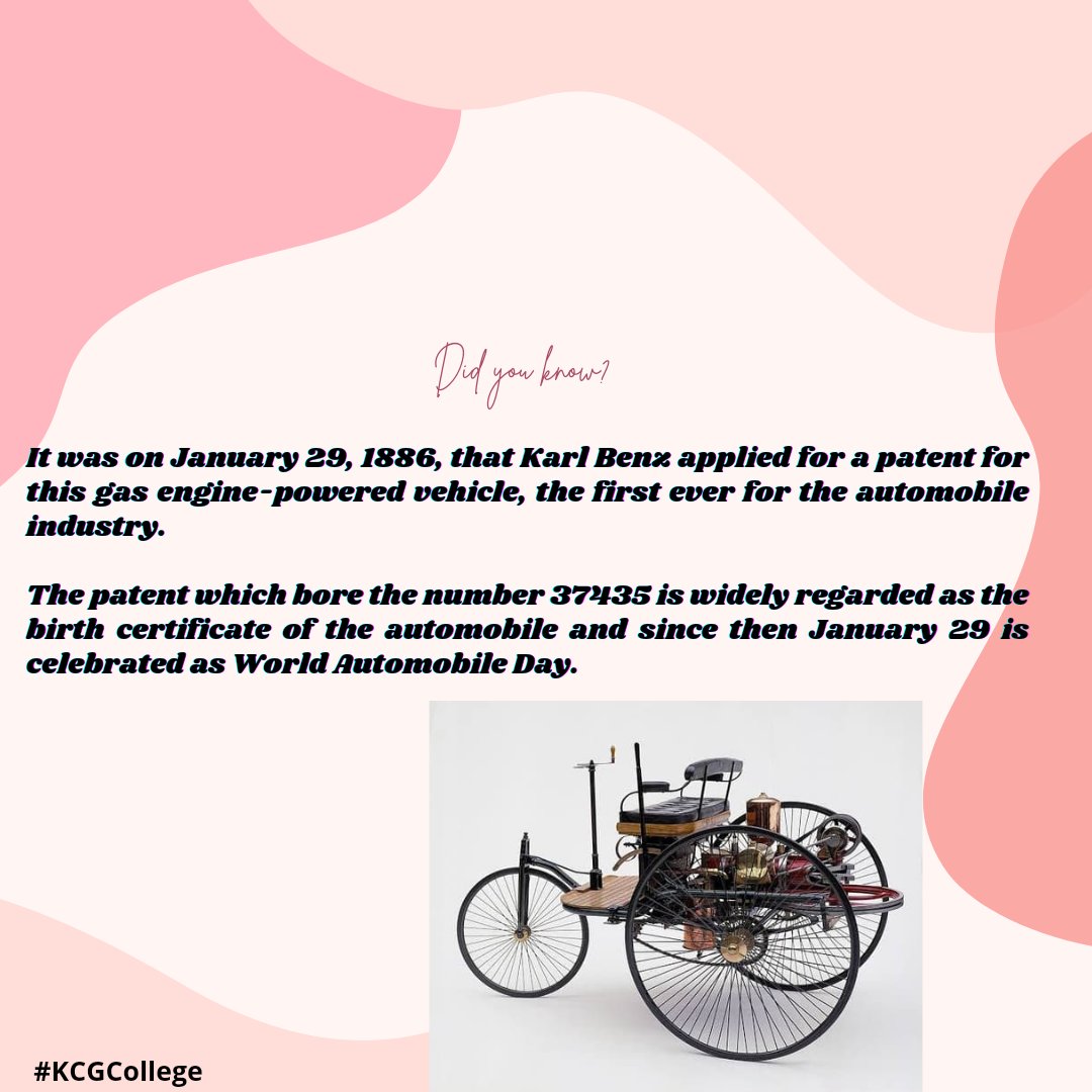 KCGSH2's tweet photo. The single most important invention in the history of mankind is Automobile. All of the present cars were once just a dream in somebody's head. Remembering where it started
#automobile #worldautomobileday #automobileday #KCGCollege @KCGtechnology https://t.co/TajqV4Lqbi
