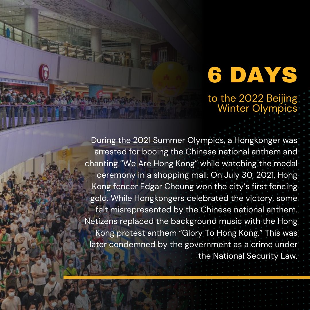 students4hk's tweet photo. 🚨6 days #CountdownToBeijing2022

During the summer Olympics, Edgar Cheung won HK's first fencing gold. A Hongkonger was arrested for booing the Chinese anthem and chanting “We Are Hong Kong” while watching the ceremony at a mall — taking pride in the HKer identity is outlawed. https://t.co/Mj0mRUJa7z