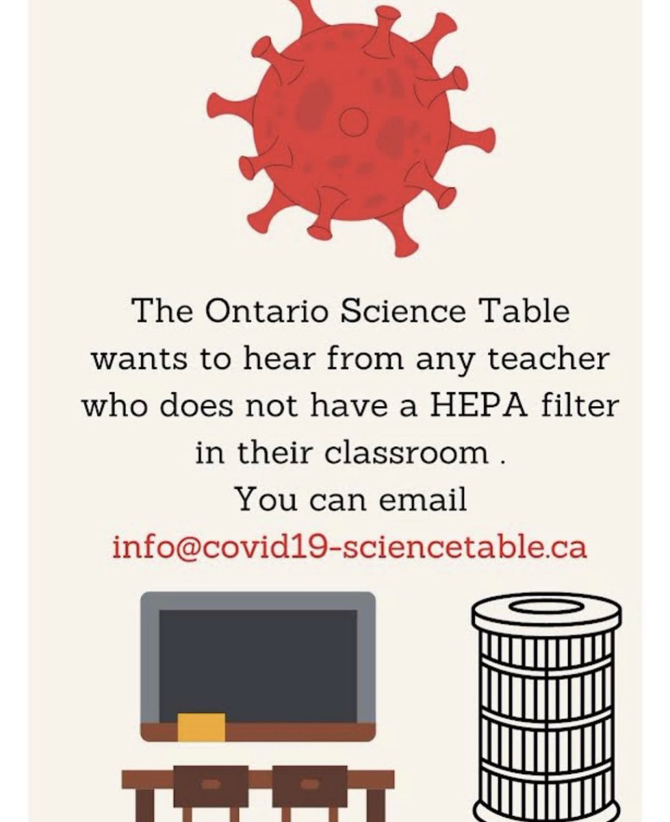 Attention teachers: If you shouldn’t have the HEPA filter that the MOE proclaimed to have provided, feel free to email the Ontario Science Table. They want to hear from you to collect data. #onted #weneedhepafilters #keepschoolssafe #ontarioschoolsneedtobesafe #moeneedstodomore