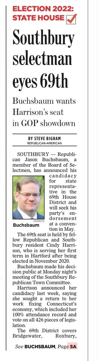 JasonBuchsbaum's tweet photo. Big news in today’s Republican American! 

I am excited to announce my candidacy for State Representative for the 69th House District. https://t.co/Nil0j4NMiE