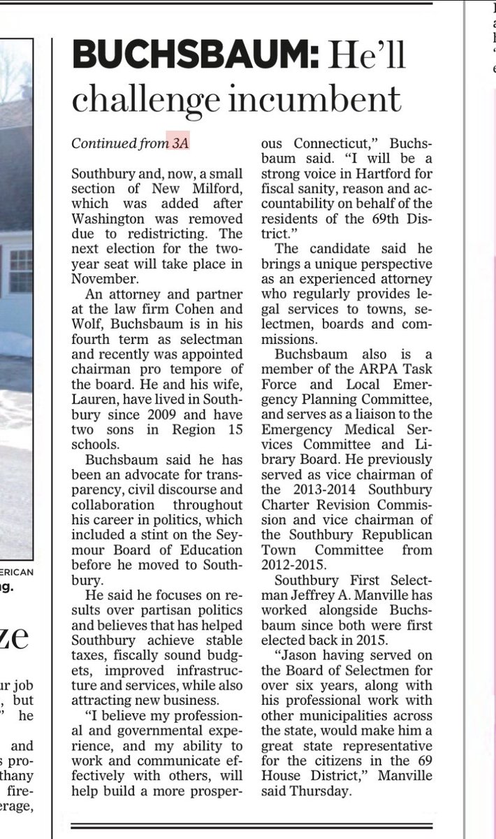 JasonBuchsbaum's tweet photo. Big news in today’s Republican American! 

I am excited to announce my candidacy for State Representative for the 69th House District. https://t.co/Nil0j4NMiE