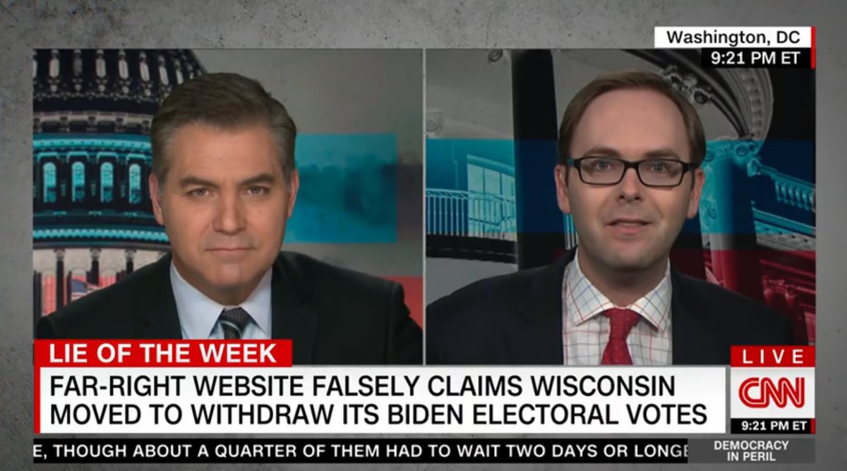 Porter_Anderson's tweet photo. Media: @ddale8 on the #LieOfTheWeek to @Acosta: "No. 1, #Wisconsin did not vote to withdraw its 10 @JoeBiden electors. No. 2, it did not have any vote on such a proposal. And No. 3, this is impossible anyway. You cannot withdraw your 2020 electors in 2022." #DemocracyInPeril https://t.co/K3BiHTYbRG