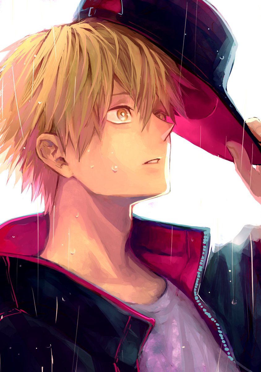 1boy blonde hair hat male focus solo rain short hair  illustration images