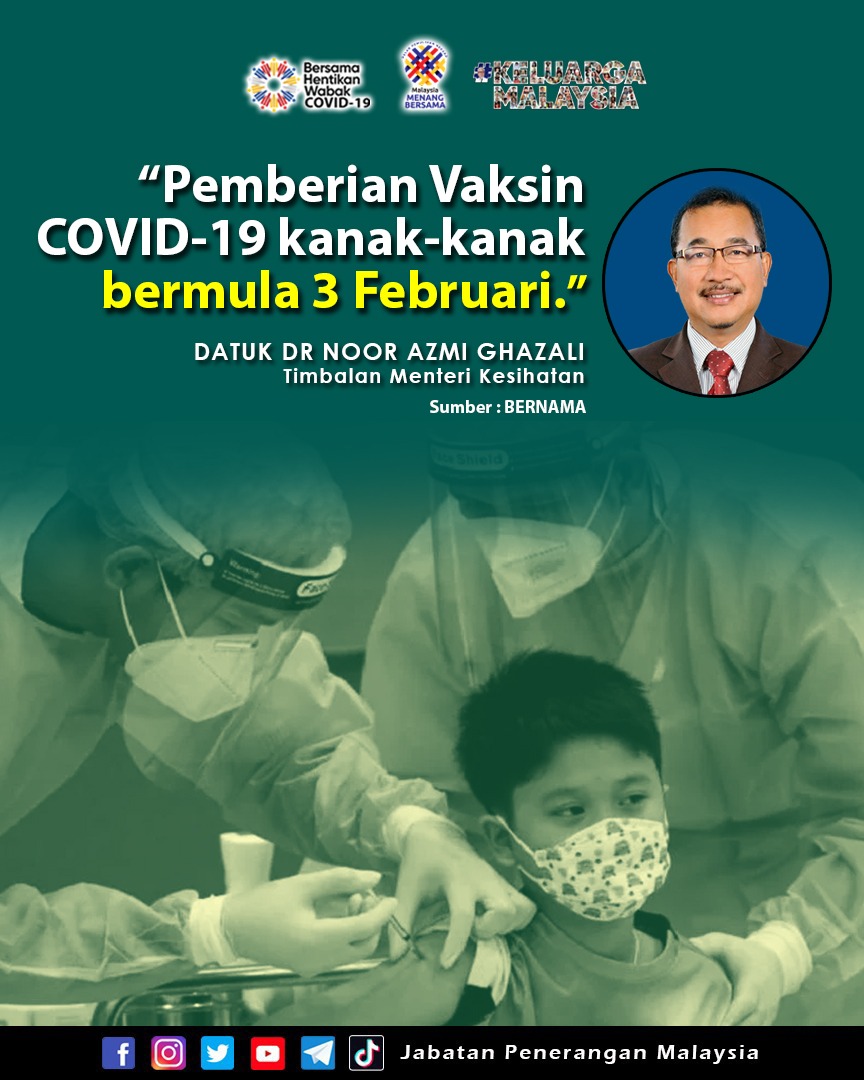 JPenerangan's tweet photo. Kementerian Kesihatan Malaysia akan mula melaksanakan pemberian vaksin Covid-19 untuk kanak-kanak berumur lima hingga bawah 12 tahun bermula 3 Februari ini melalui Program Vaksinasi Covid-19 Kanak-Kanak (PICKids). 

#LindungDiriLindungSemua
#KeluargaMalaysia
#JabatanPenerangan https://t.co/QVZankHklt