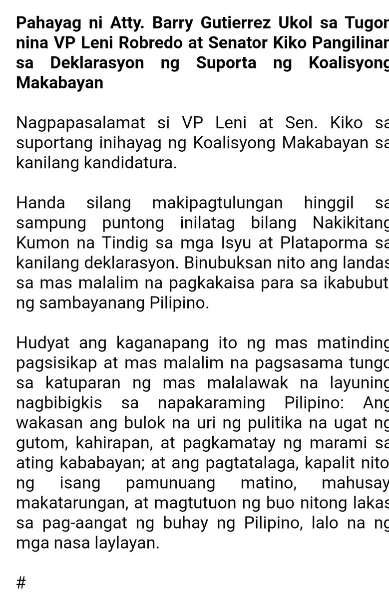 barrygutierrez3's tweet photo. Nagpapasalamat si VP Leni at Sen. Kiko sa suportang inihayag ng Koalisyong Makabayan sa kanilang kandidatura.

Binubuksan nito ang landas sa mas malalim na pagkakaisa para sa ikabubuti ng sambayanang Pilipino.

#LeniRobredo2022
#LeniKiko https://t.co/rCyAOkWQRR
