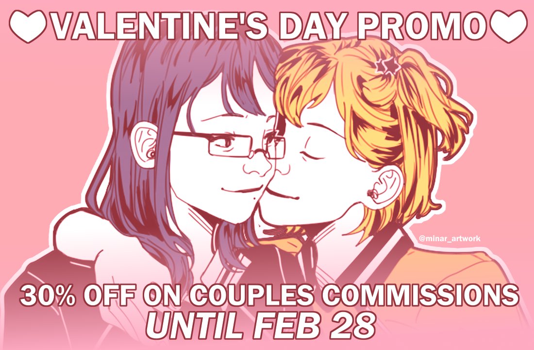💘 ART COMMISSIONS: VALENTINE'S DAY PROMO 💘

All illustrations featuring couples will have a 30% off discount! 

This special promotion is up until February 28th.

More info here: docs.google.com/document/d/1jF…