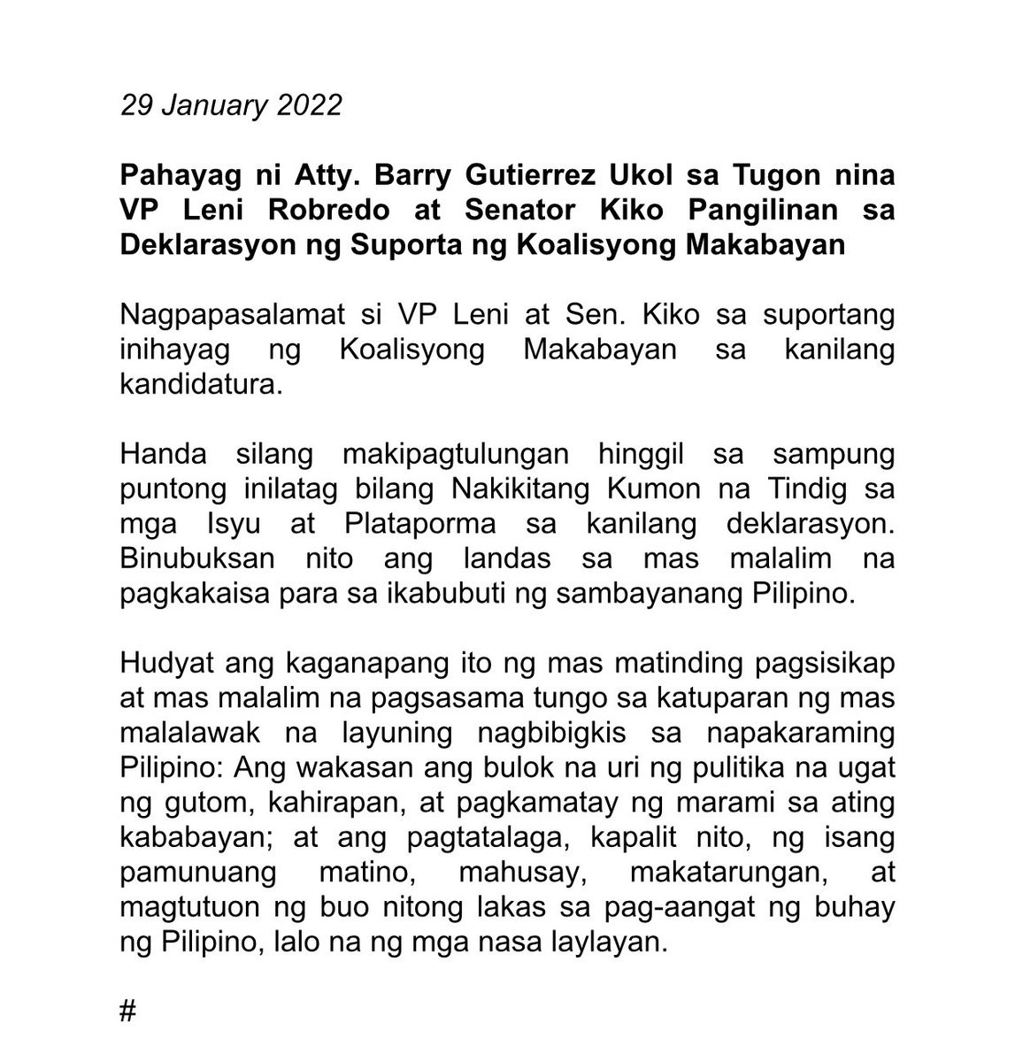newswatchplusph's tweet photo. Presidential aspirant Vice President Leni Robredo and running mate Senator Kiko Pangilinan thank Makabayan coalition for its support in their candidacies, spokesperson Barry Gutierrez says. #TheFilipinoVotes | @anjocalimario https://t.co/uHVNHsz99V