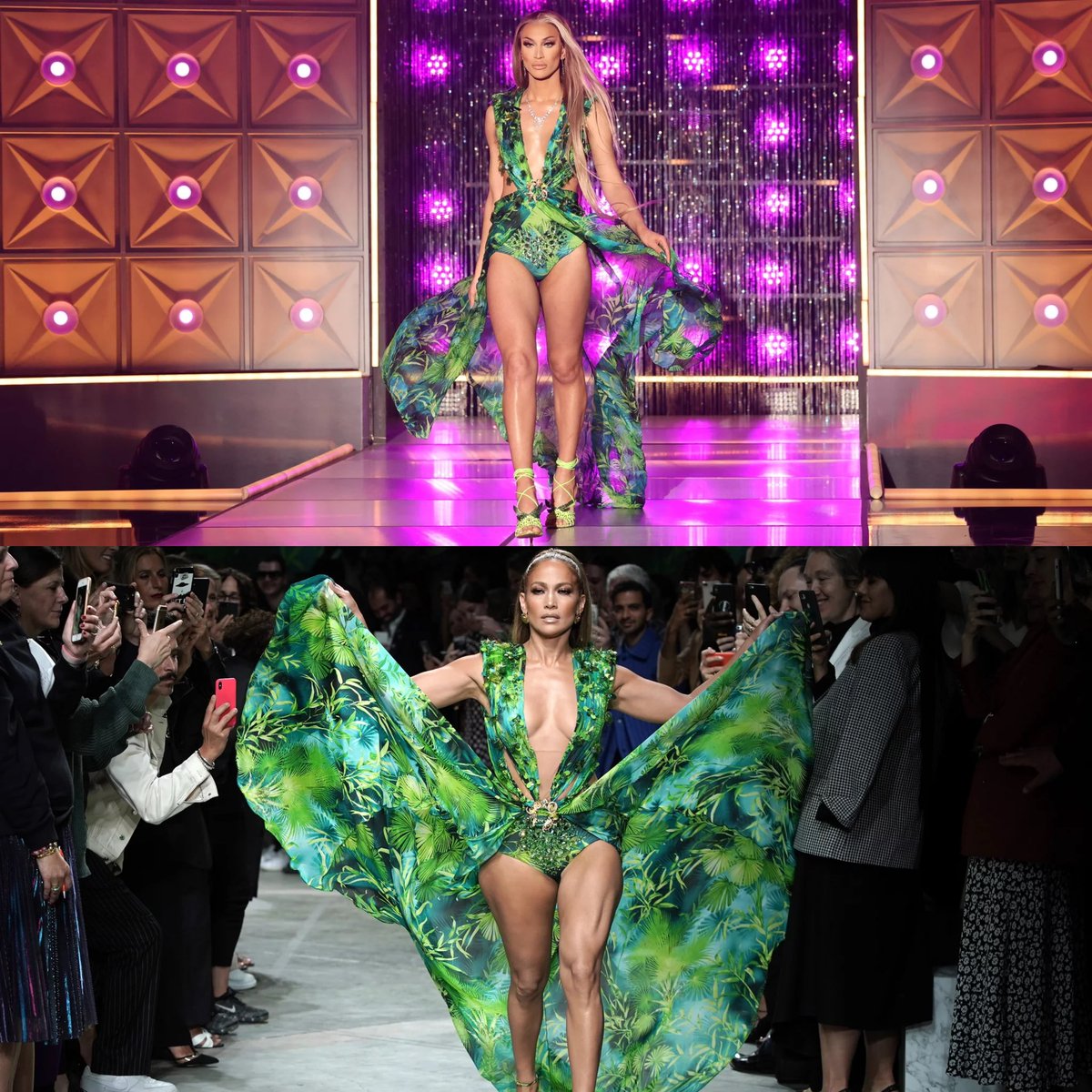 RuPaul's #DragRace contestant Kerri Colby wore the exact updated version of Jennifer  Lopez's iconic green Versace dress for tonight's Night of 1000 J Los  runway.