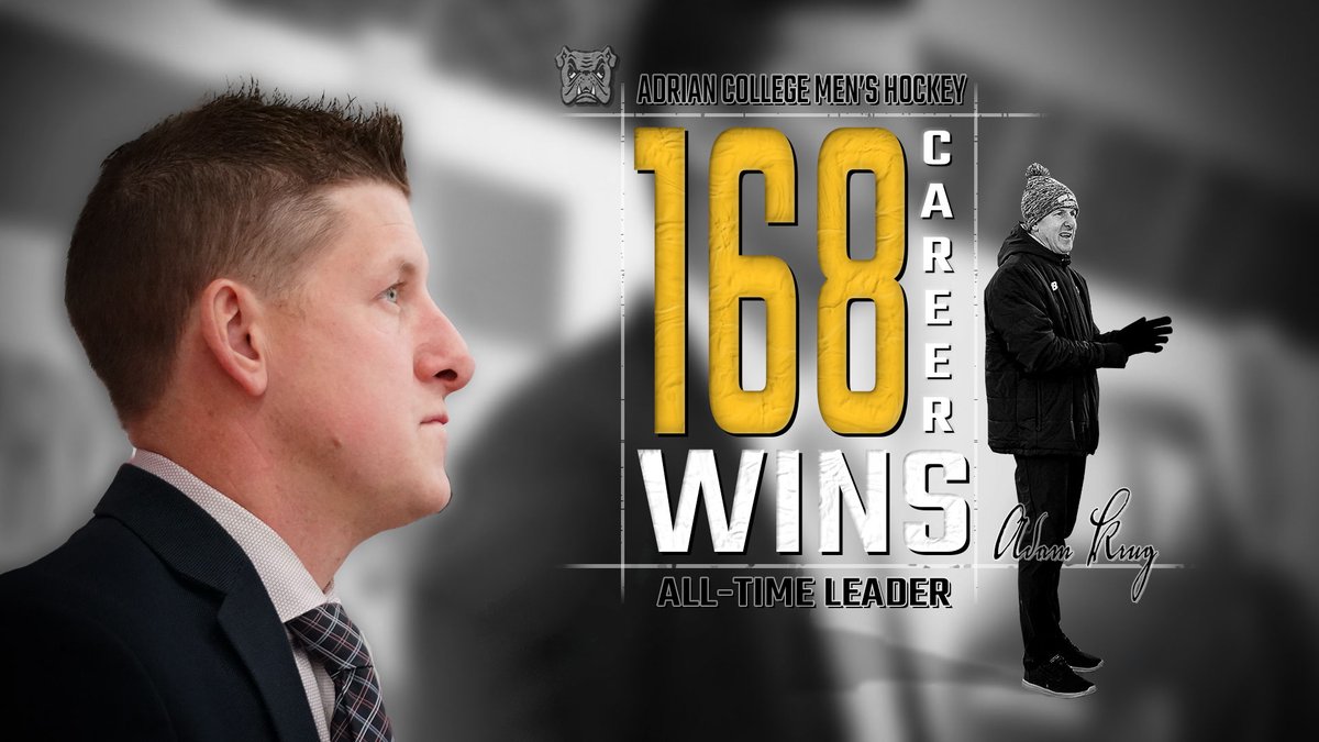 AdrianBulldogs's tweet photo. Head coach Adam Krug of the @ACbulldoghockey team now holds the record for most wins as coach of the NCAA men's hockey team with an 11-1 win over Concordia Wisconsin. Krug moves ahead of Ron Fogarty with 168 wins at Adrian.

RECAP--https://t.co/Wle0hXwBFC

#GoDawgs #d3hky https://t.co/EqbvsvHPth