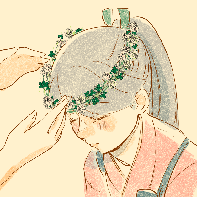 houshou (kancolle) japanese clothes ponytail head wreath closed eyes long hair solo focus blush  illustration images