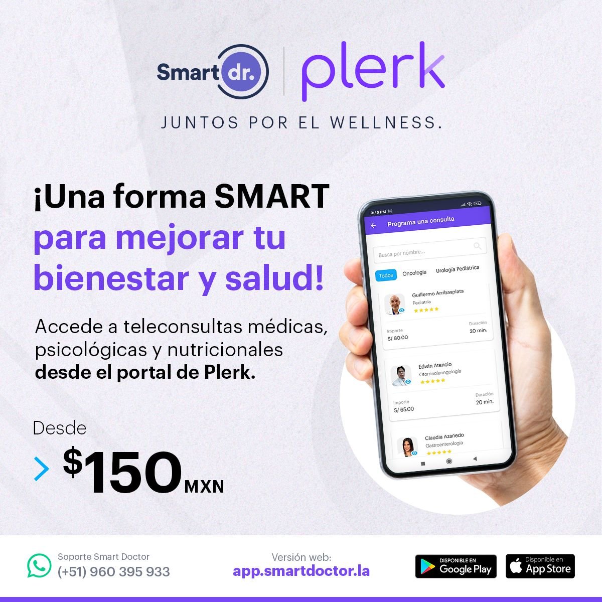 ¡@PlerkHQ y #SmartDoctor se unen por tu bienestar!🤝💜

Ahora podrás acceder a teleconsultas en medicina general, #nutrición y #psicología desde $150MXN. Empieza el camino para sentirte bien con todo el ecosistema #wellness que tenemos para ti. 💪