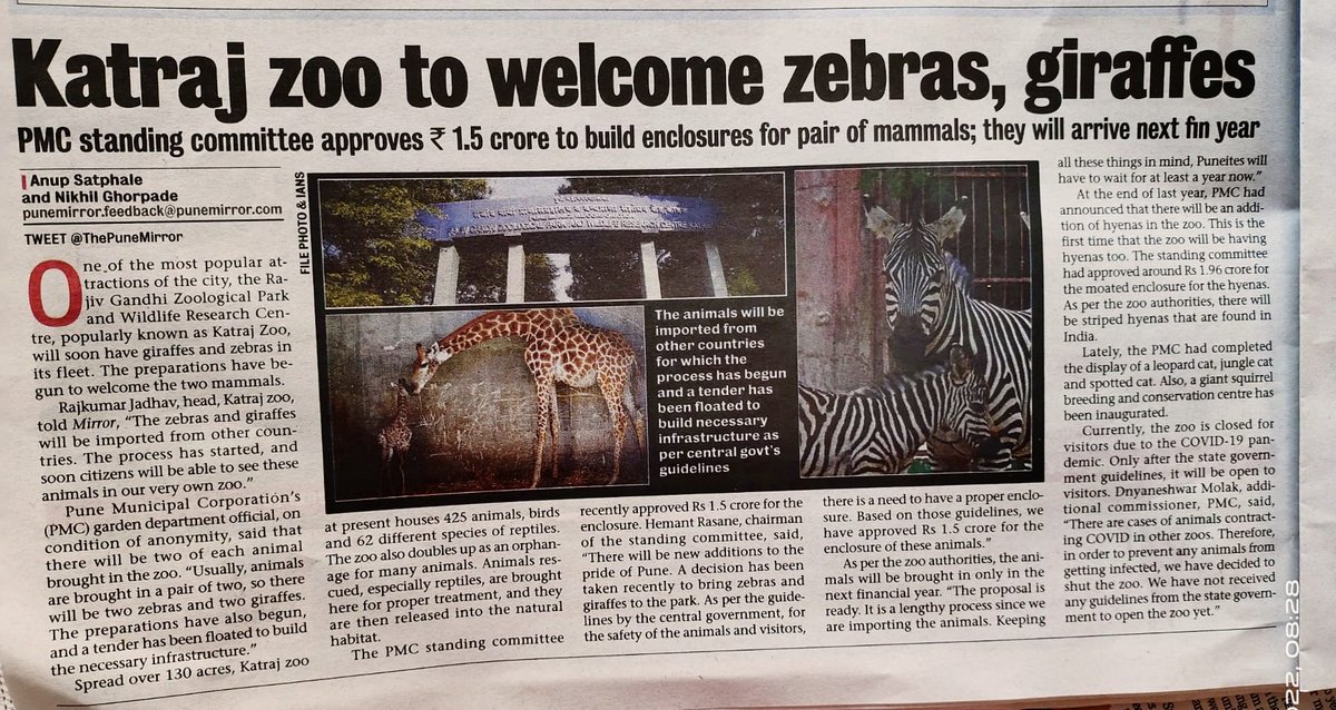 sushmadate's tweet photo. What new horror is this? Zoos are outdated concepts and should have been banned long back. 
Giraffes and zebras belong to their native habitats in Africa - not in India, and especially not in captivity 
Why is  Pune PMC wasting public money on this idiotic initiative? @SidShirole https://t.co/8UFQfZZPzD